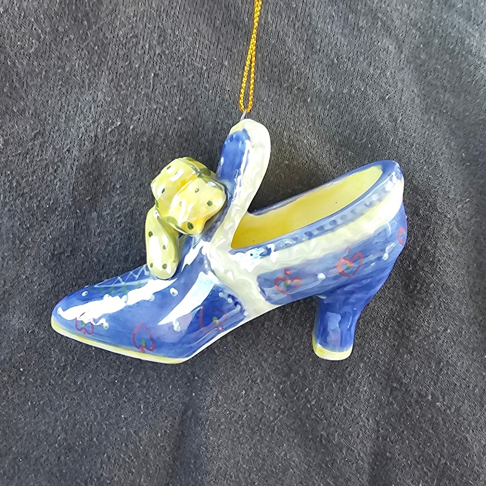 Hand Painted Ceramic High Heel Shoe Ornament Blue with Hearts and Yellow Bow